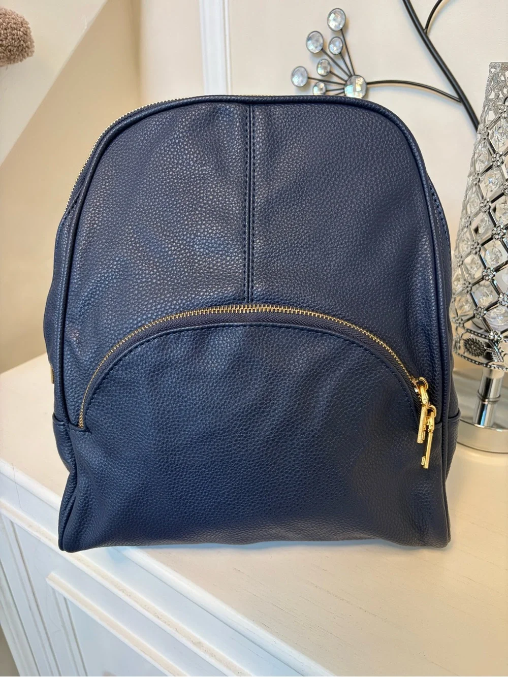Classic Navy Leather Backpack with Gold Hardware